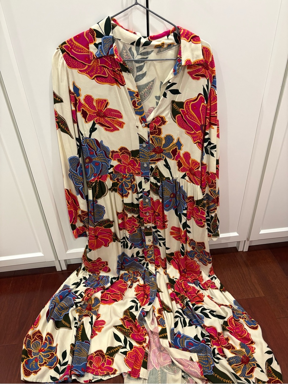 Cream Floral Button-Front Maxi Dress with Pink & Blue Blooms
